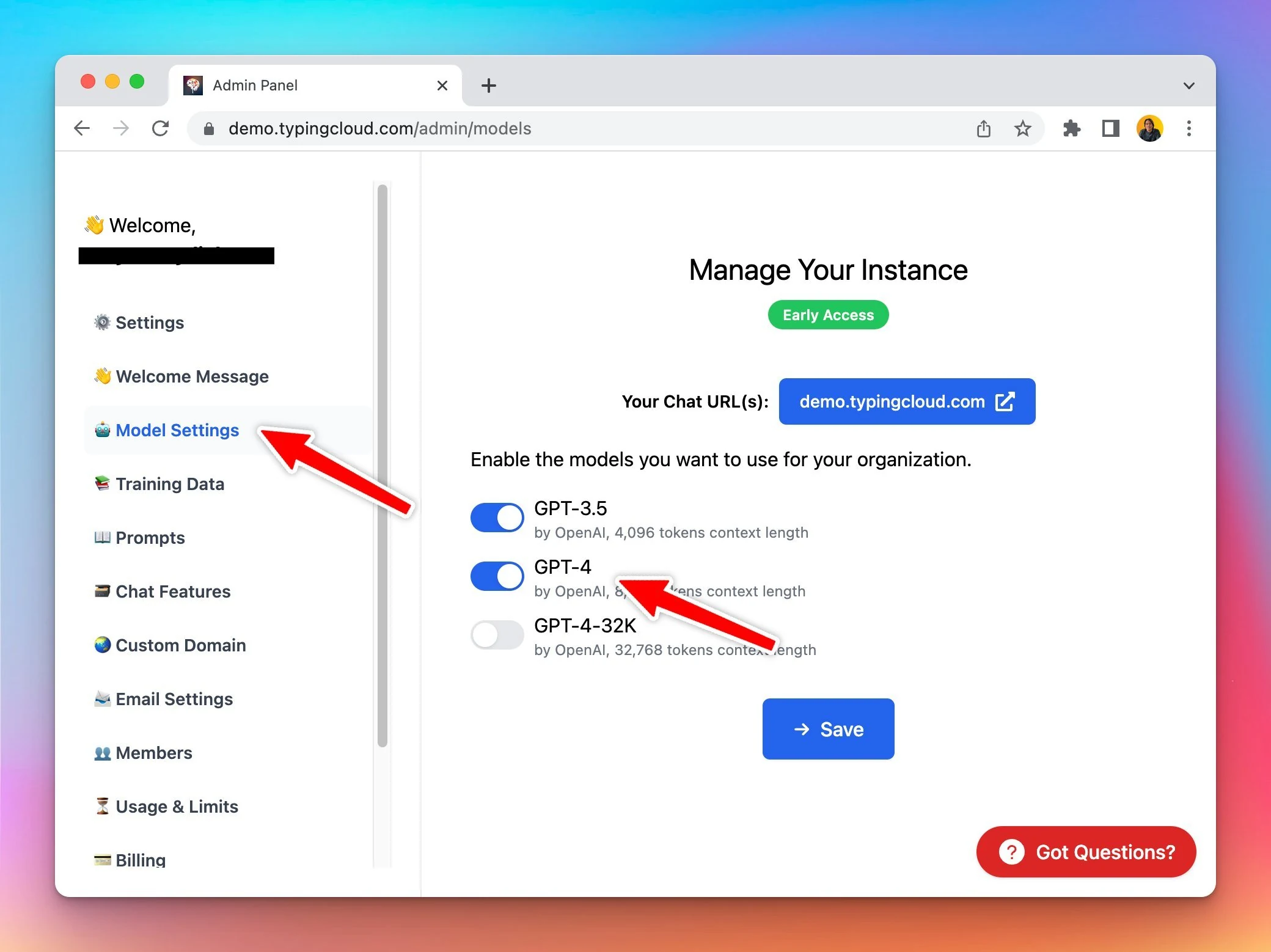Select which model to enable for your users (screenshot 1 of 2)