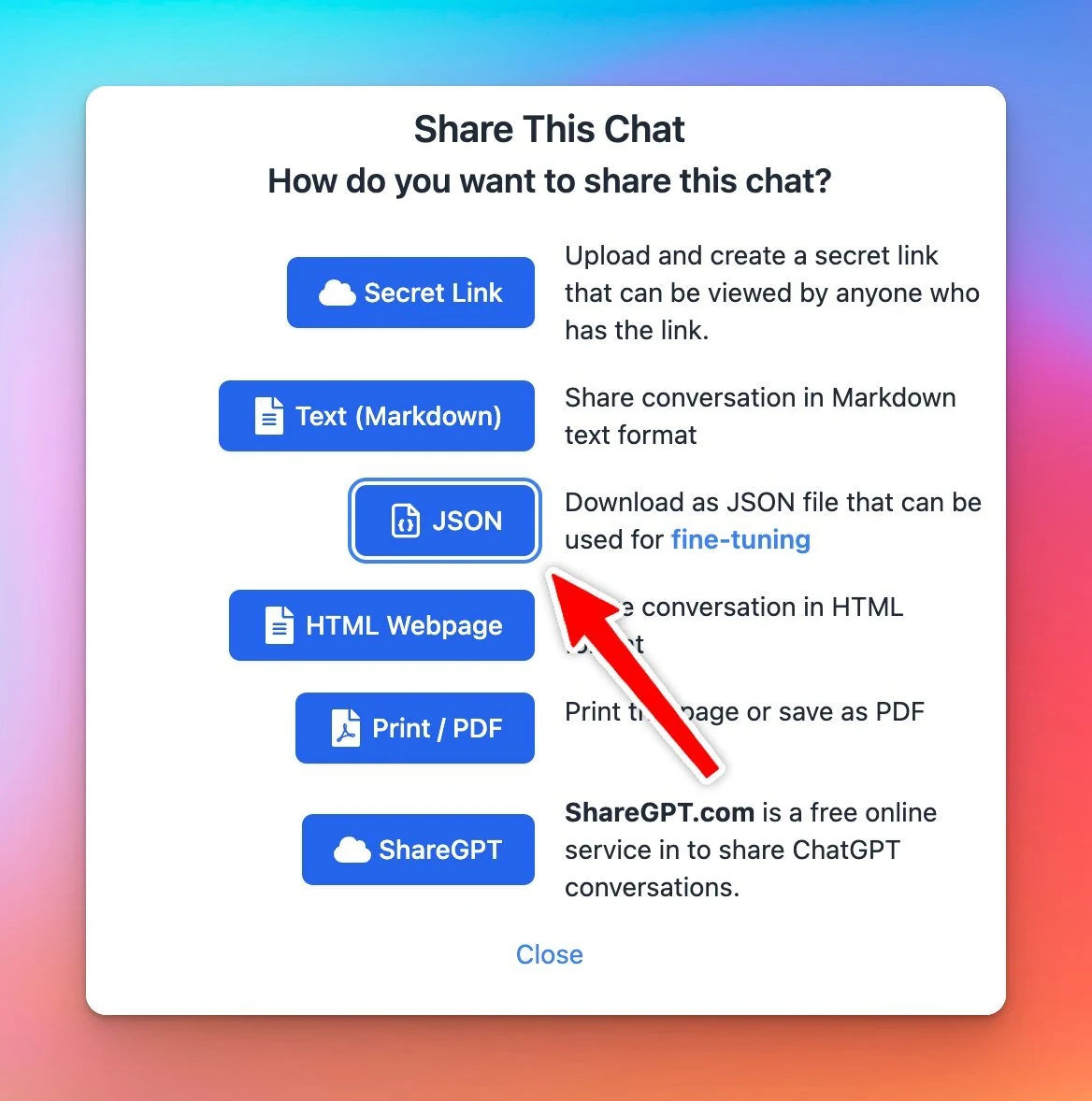 Share chat messages in JSON format (screenshot 1 of 2)