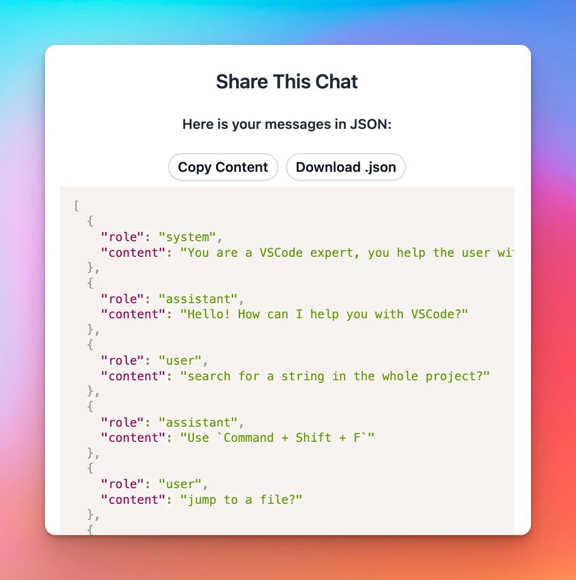 Share chat messages in JSON format (screenshot 2 of 2)