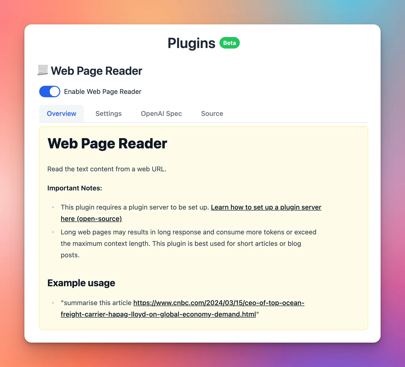 3 new built-in plugins: Web Reader, Stable Diffusion Image, Market News (screenshot 1 of 3)