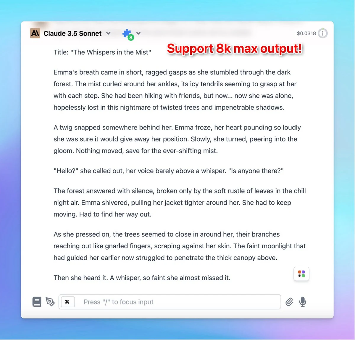 Claude 3.5 Sonnet now has 8k max output! (screenshot 1 of 4)
