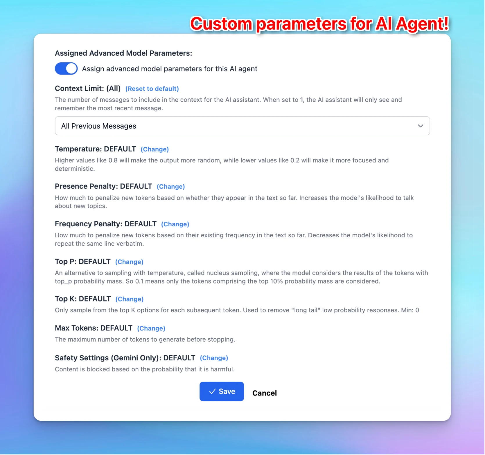 Custom parameters for each AI Agent