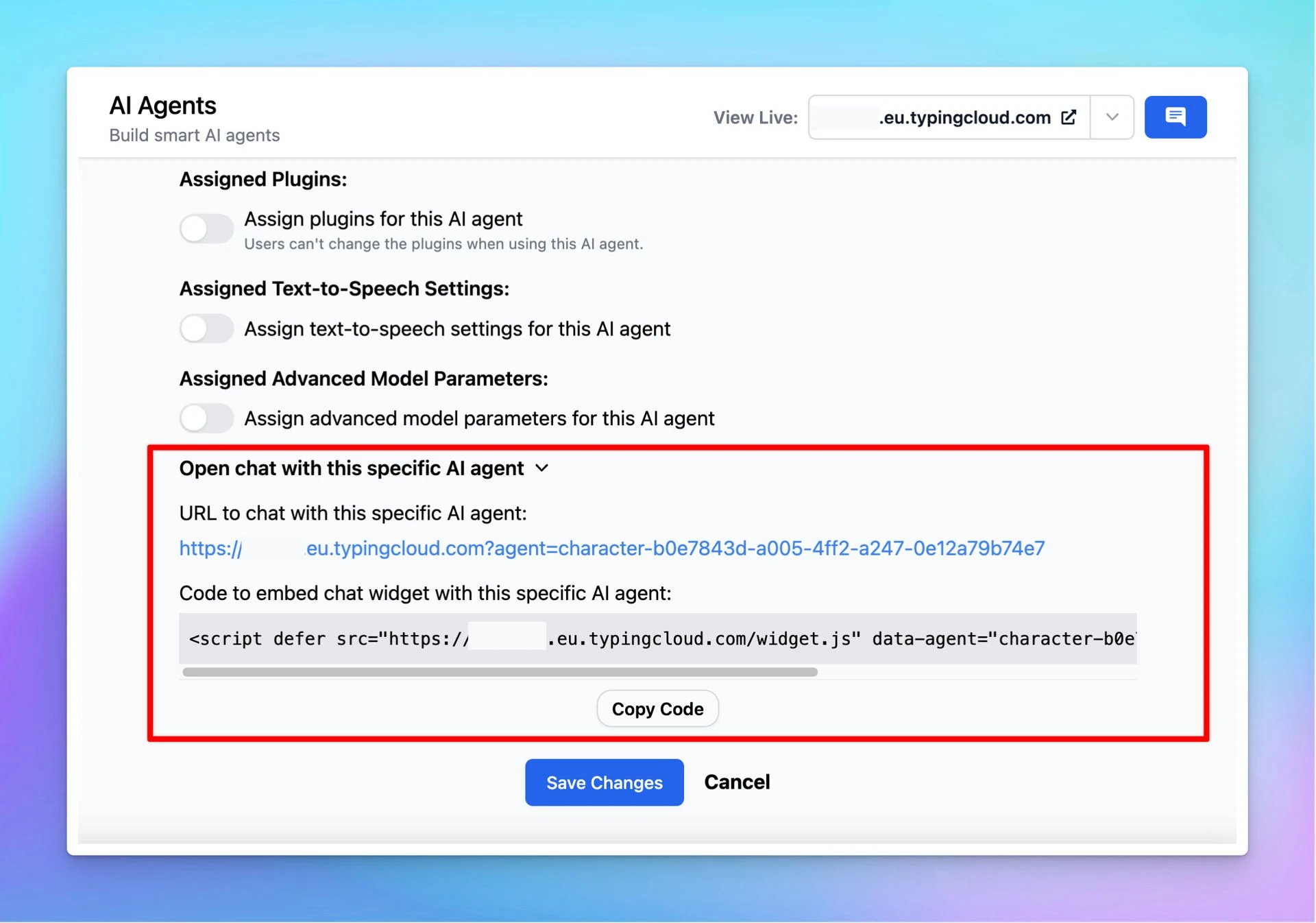 Embed specific AI Agent as chat widget (screenshot 1 of 2)