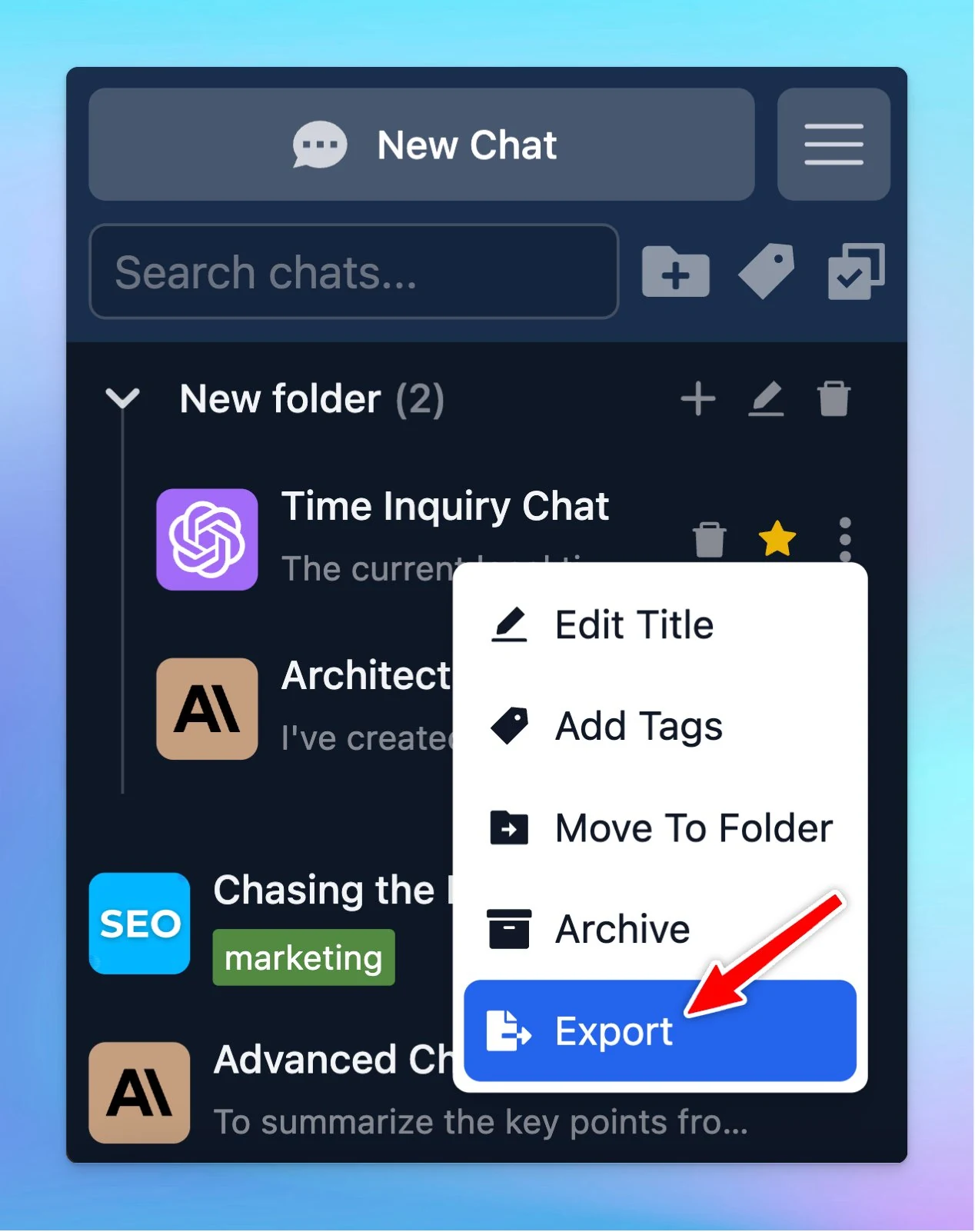 Export a single chat or multiple chats as JSON (screenshot 1 of 2)