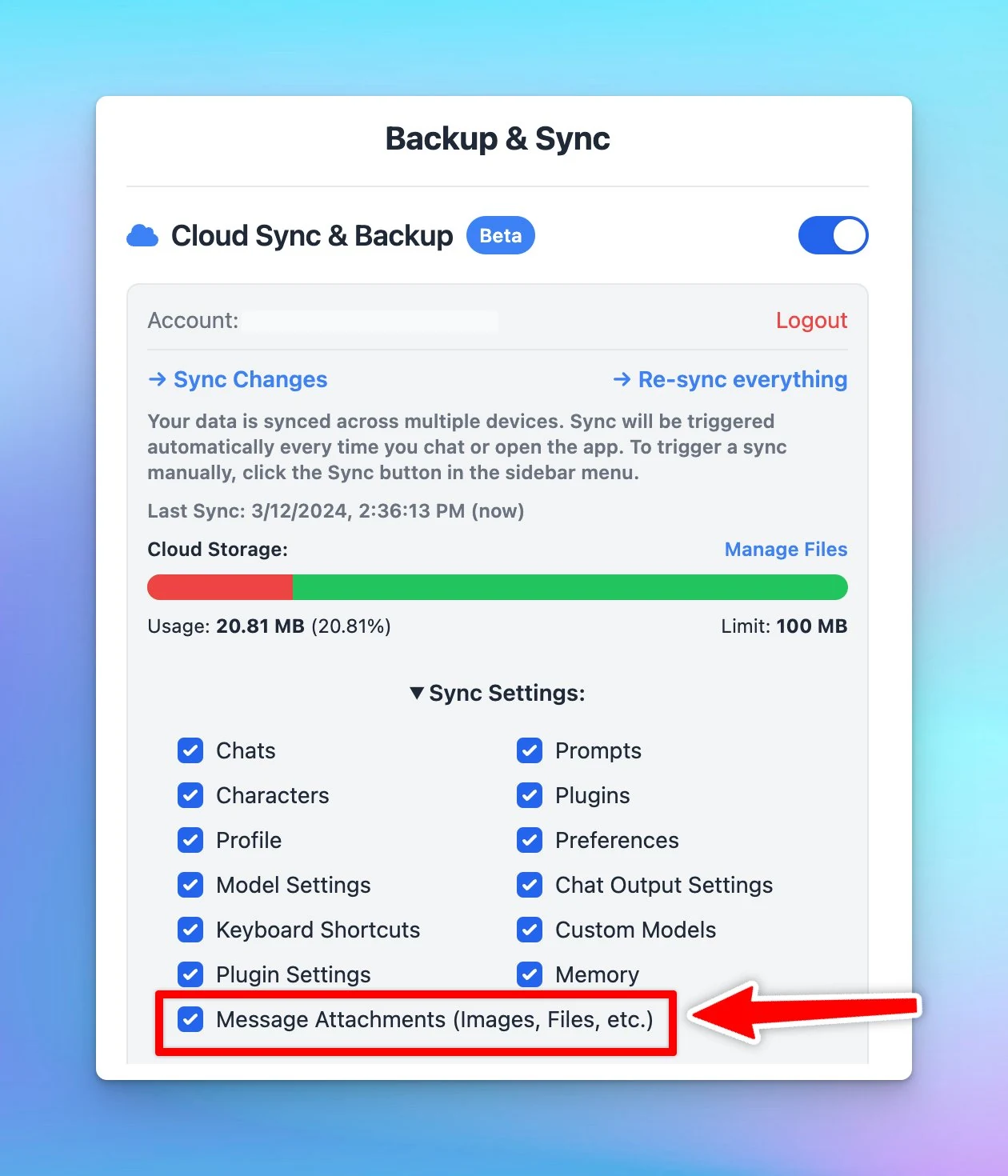 Include / Exclude “Message attachments” when syncing