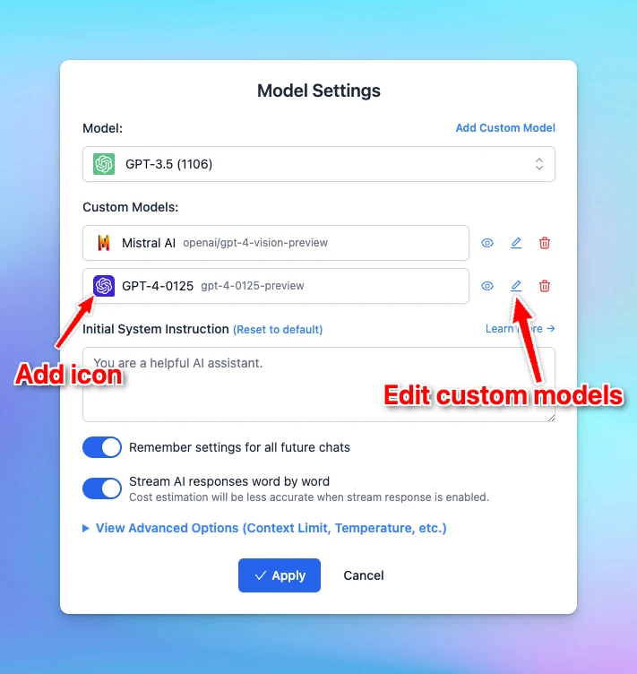 Modify Custom model settings