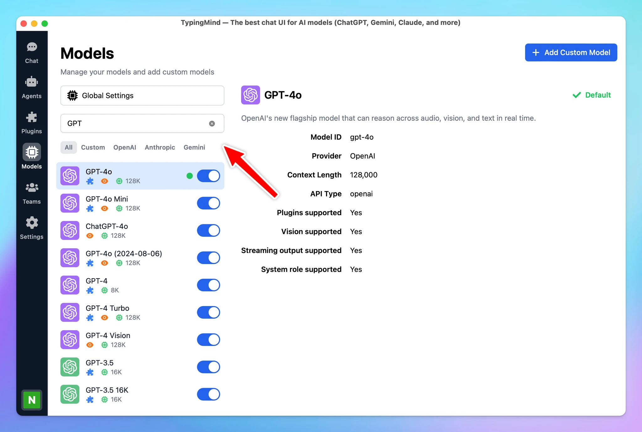 New Model Setting Page (screenshot 2 of 2)