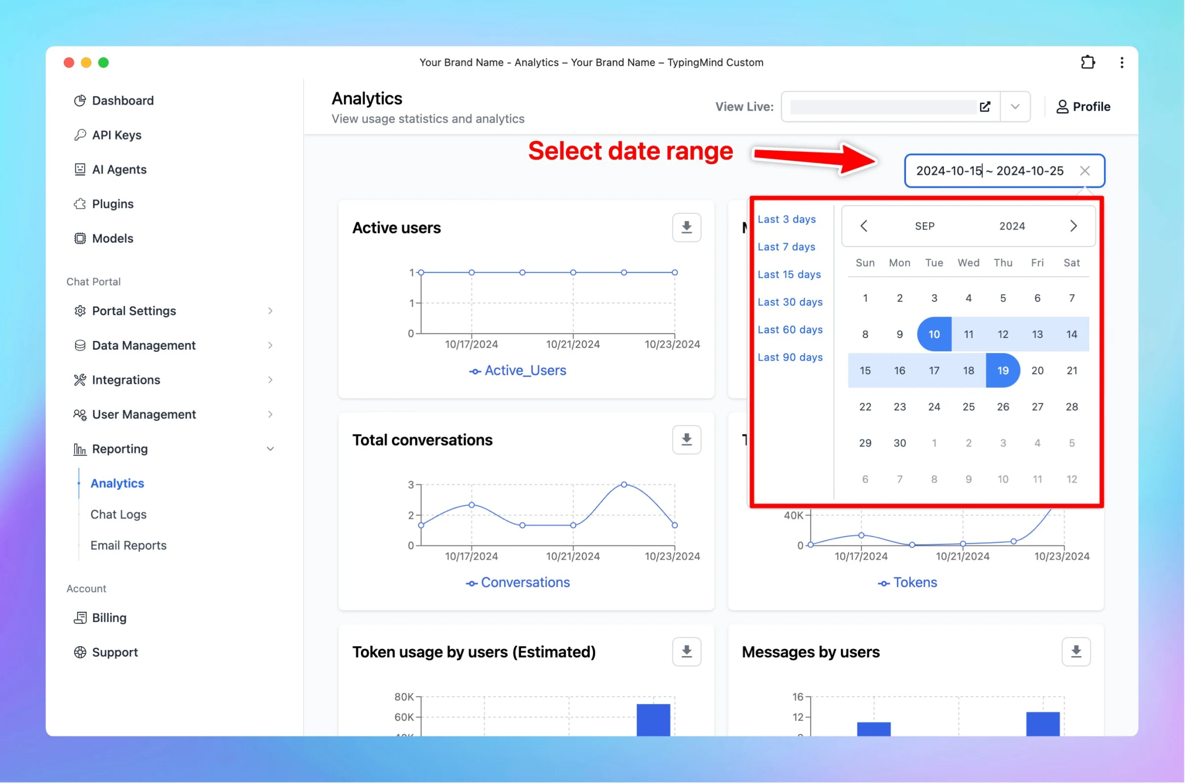 Select date range and export data to CSV in Analytics page (screenshot 1 of 2)