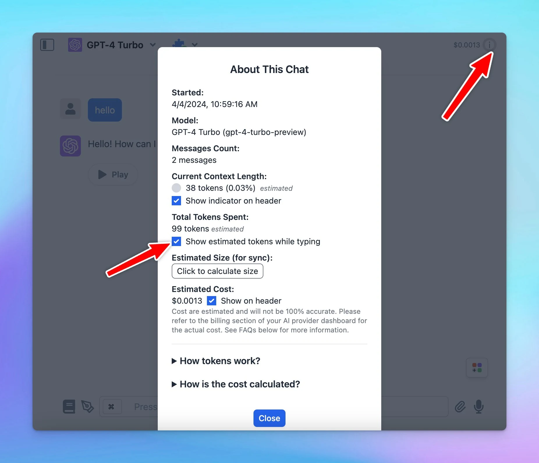 Show estimated tokens will be used before sending message