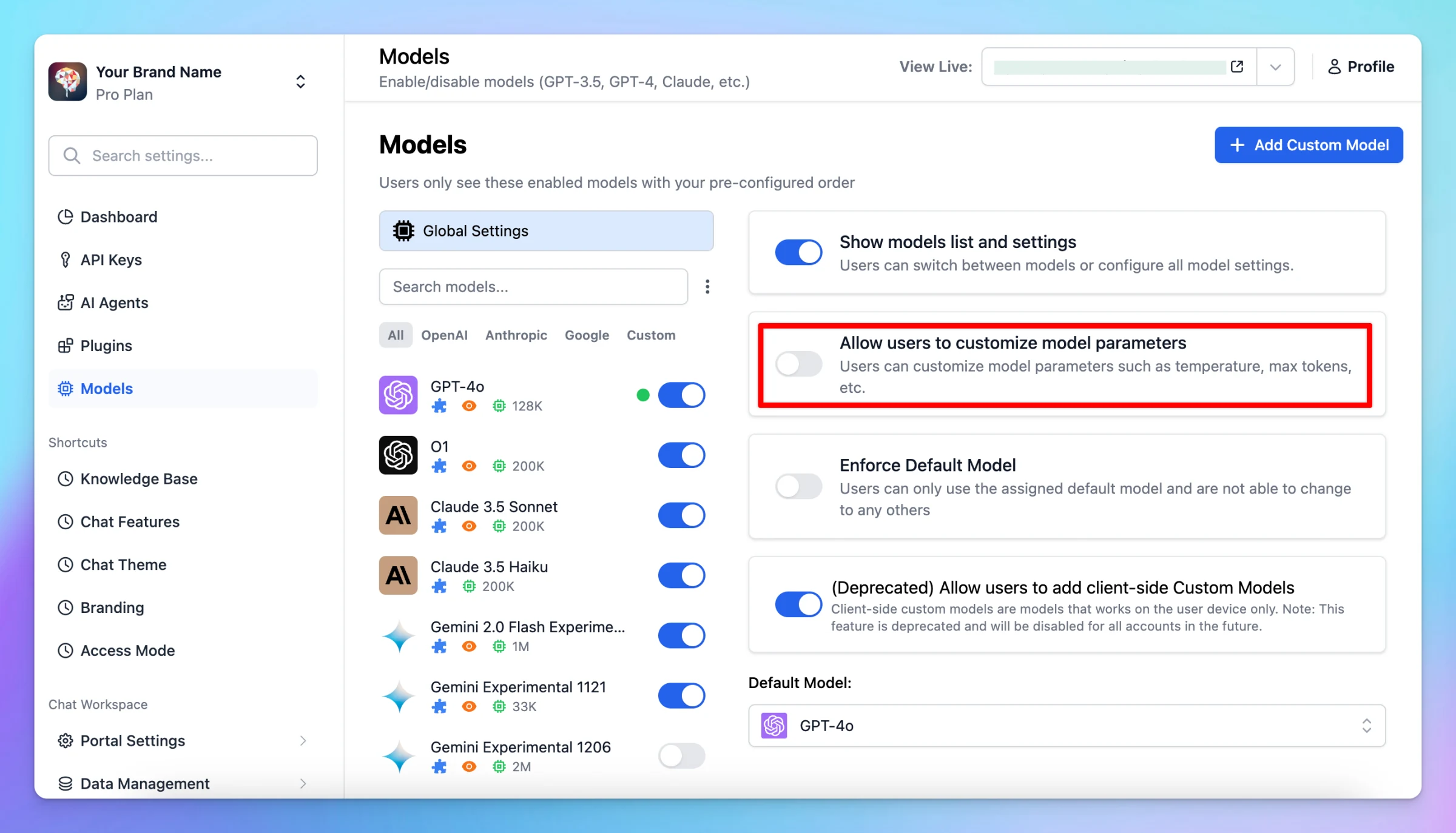 Add toggle to enable/disable setting model parameters