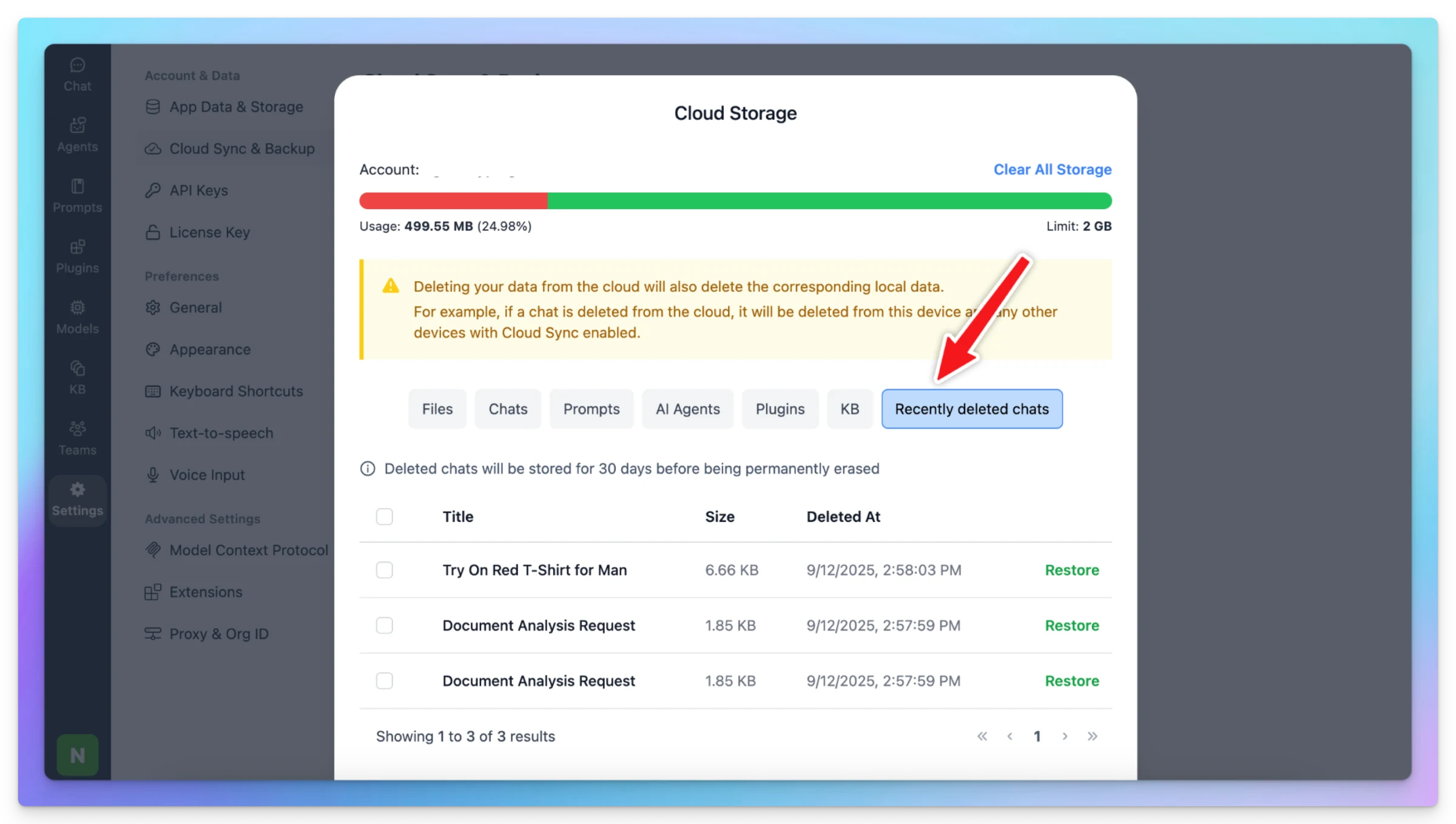 Cloud sync: Restore Recently Deleted Chats (image 1)