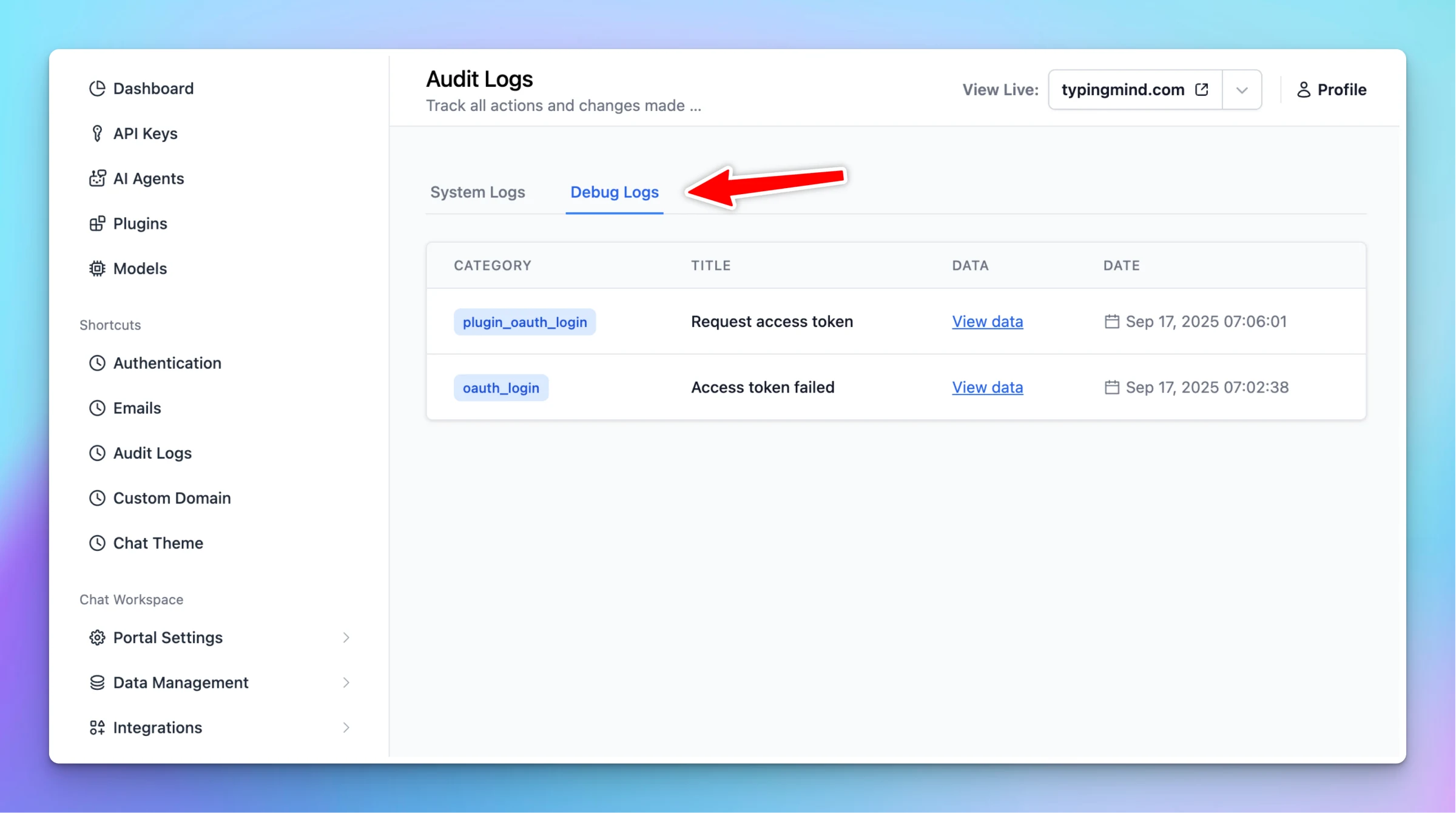 New Debug Logs page in Admin Panel (image 1)