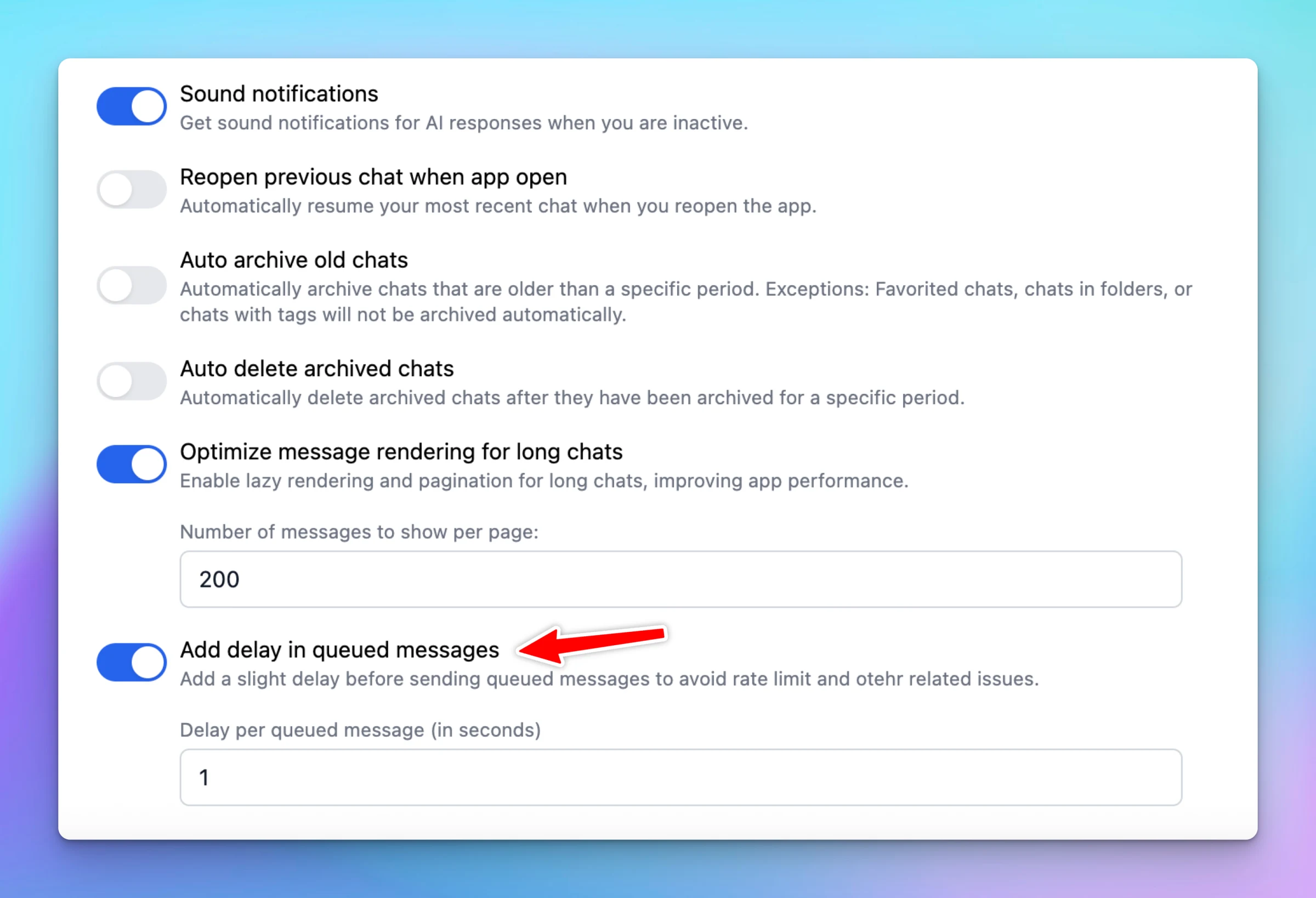 New option: "Add delay in queue messages" (image 1)