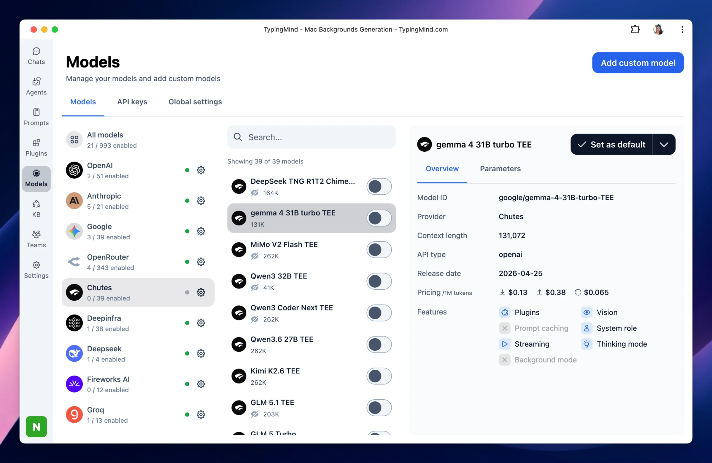 Added support for more AI providers: Fireworks, Chutes, Novita, Minimax, Vercel and Xiaomi (image 1)