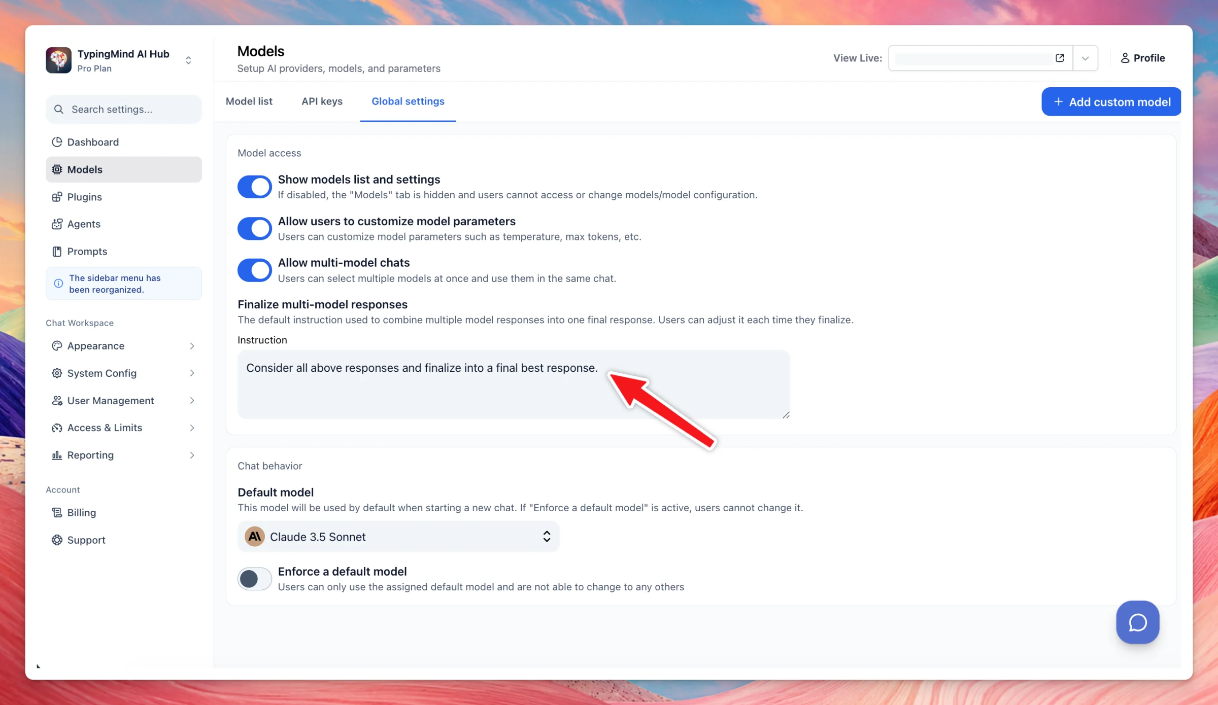 TypingMind Teams Global settings with the multi-model response finalization instruction set to consider all responses and finalize them into one