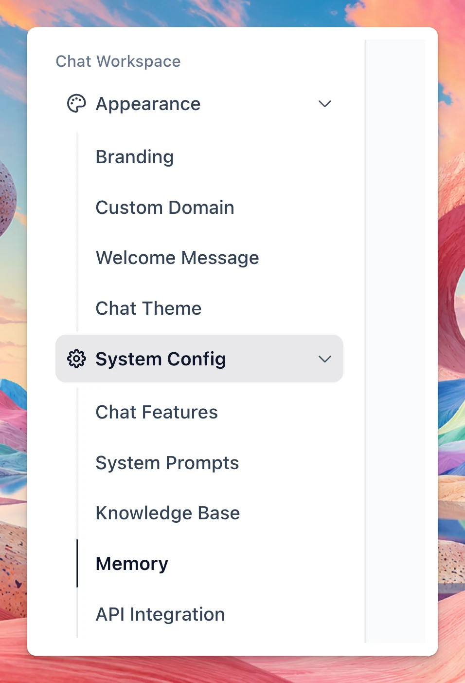 TypingMind Teams sidebar with Appearance and System Config expanded. System Config lists Chat Features, System Prompts, Knowledge Base, Memory, and API Integration