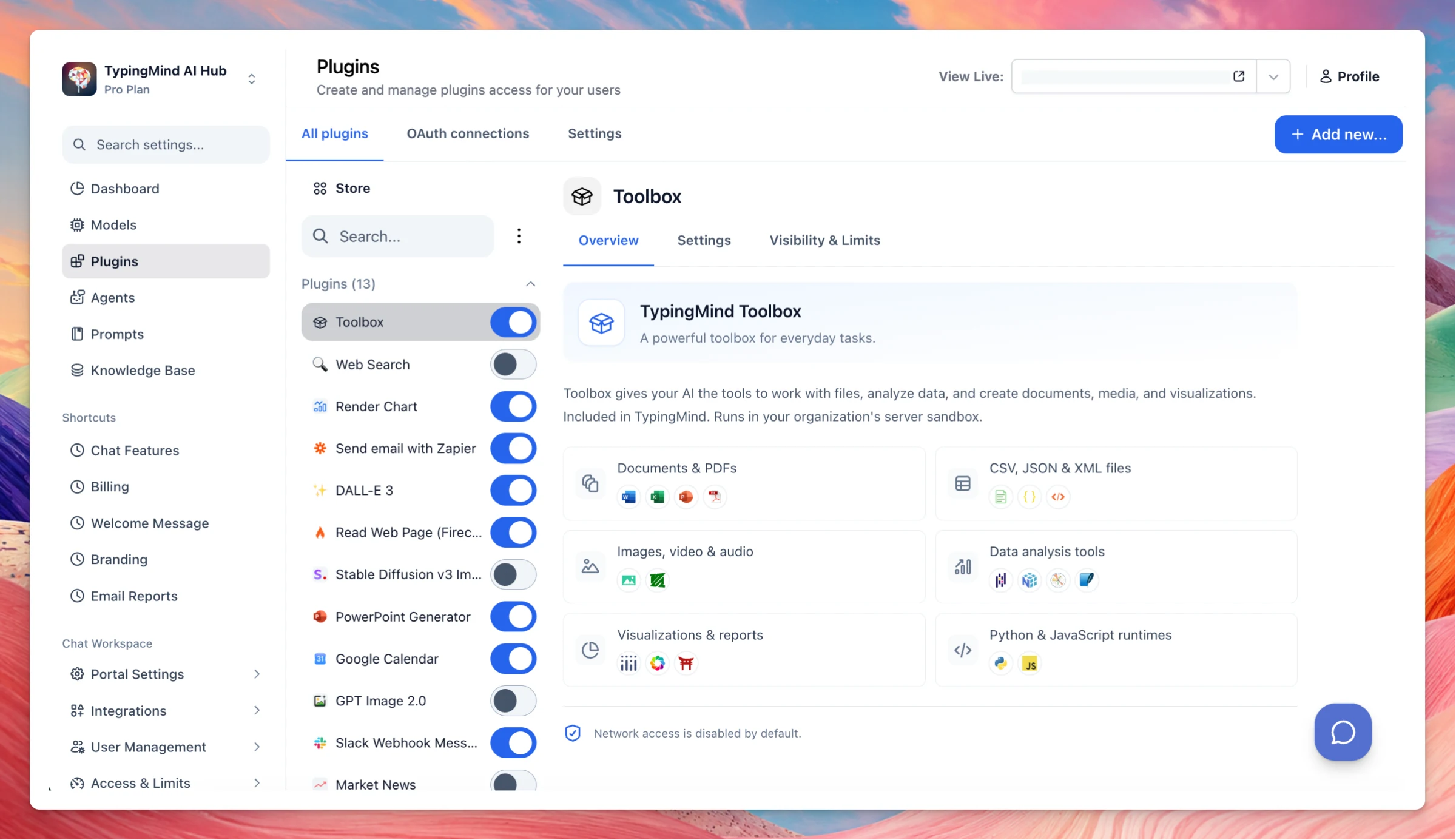 TypingMind Teams Plugins page with Toolbox selected, showing tools grouped into categories such as documents, data files, images, and visualizations