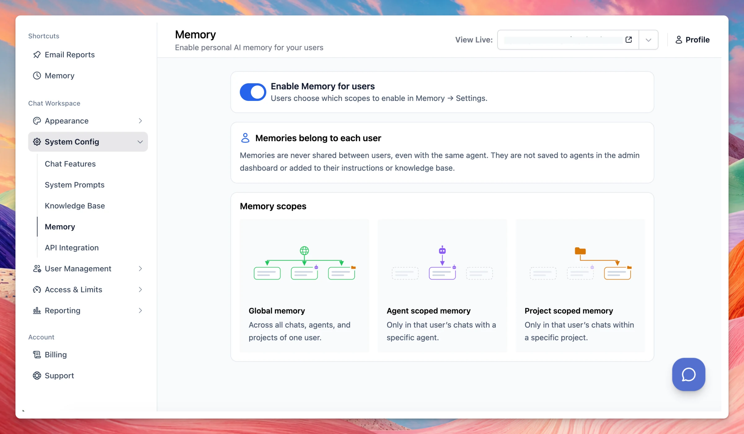 TypingMind Teams Memory page with Enable Memory for users turned on, and Global, Agent scoped, and Project scoped memory