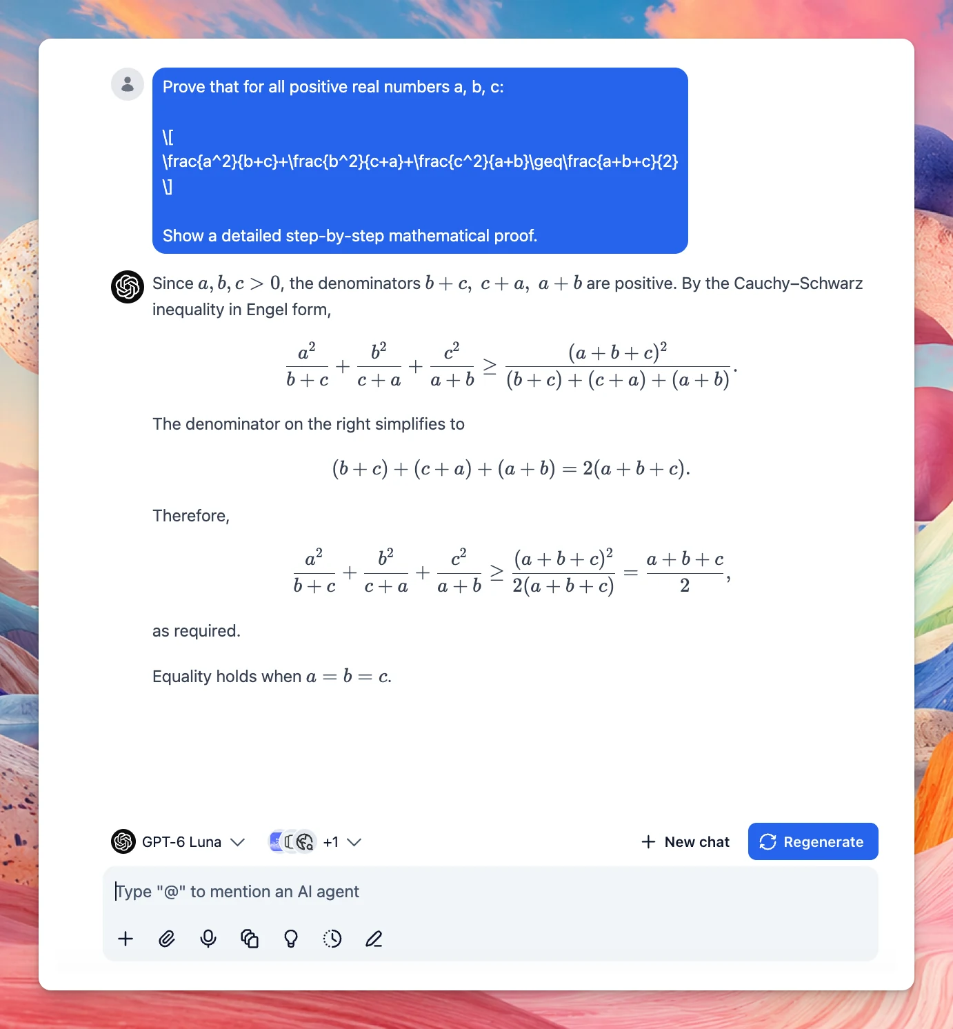 A chat proof rendered as formatted equations, with fractions and a greater-than-or-equal comparison