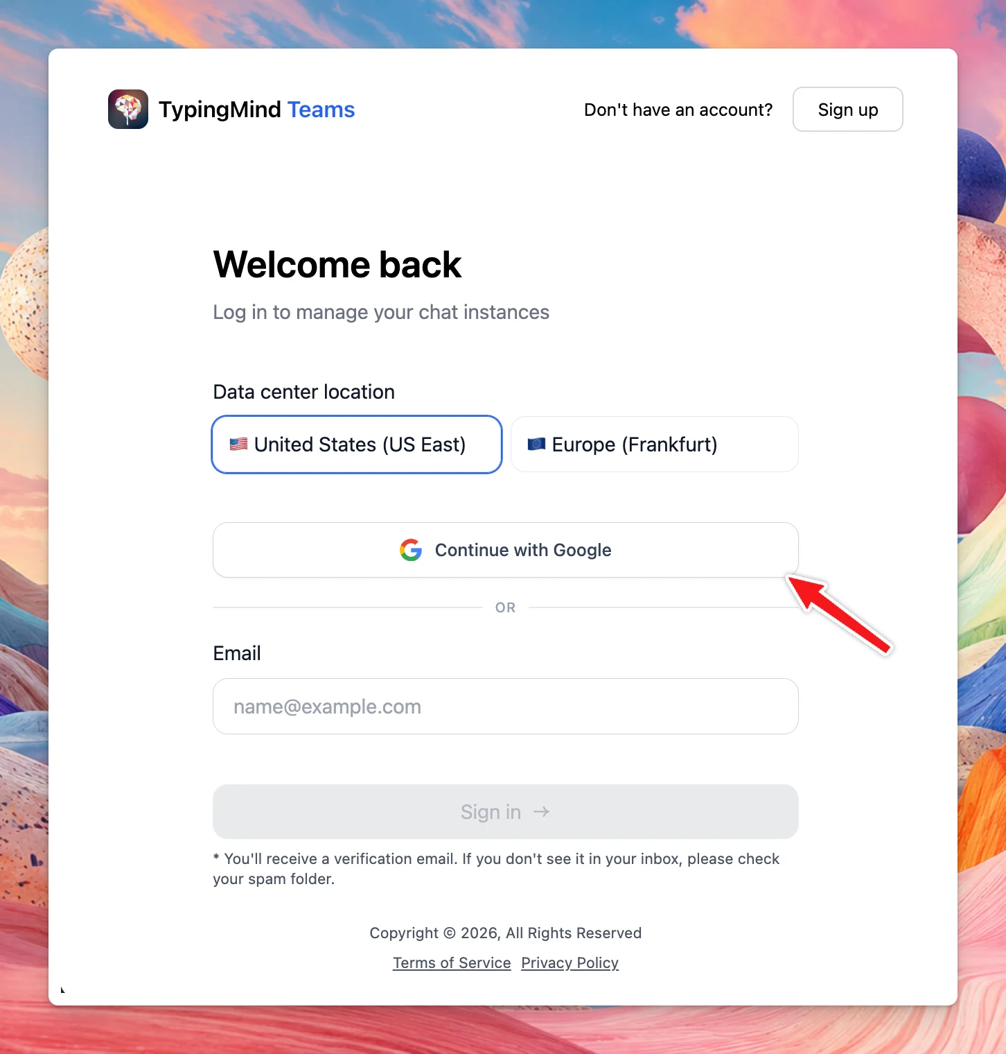 TypingMind Teams admin login page, with a red arrow pointing at Continue with Google above the email field