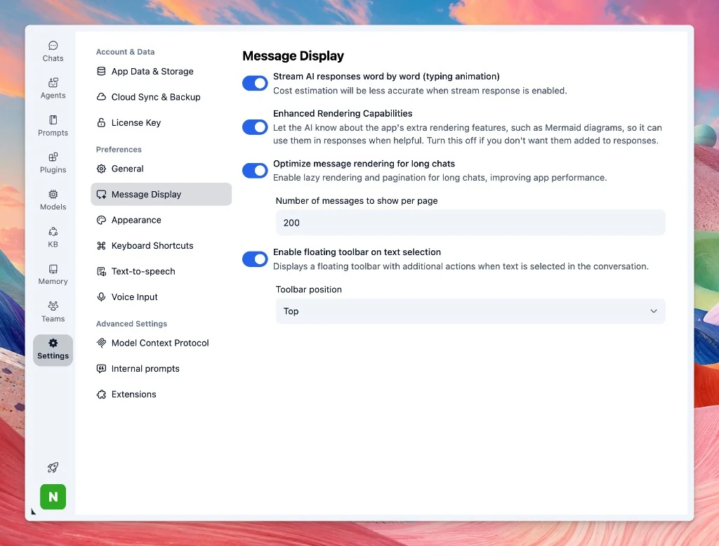 Settings open to Message Display, with streaming, Enhanced Rendering Capabilities, long-chat pagination set to 200, and the text selection toolbar turned on