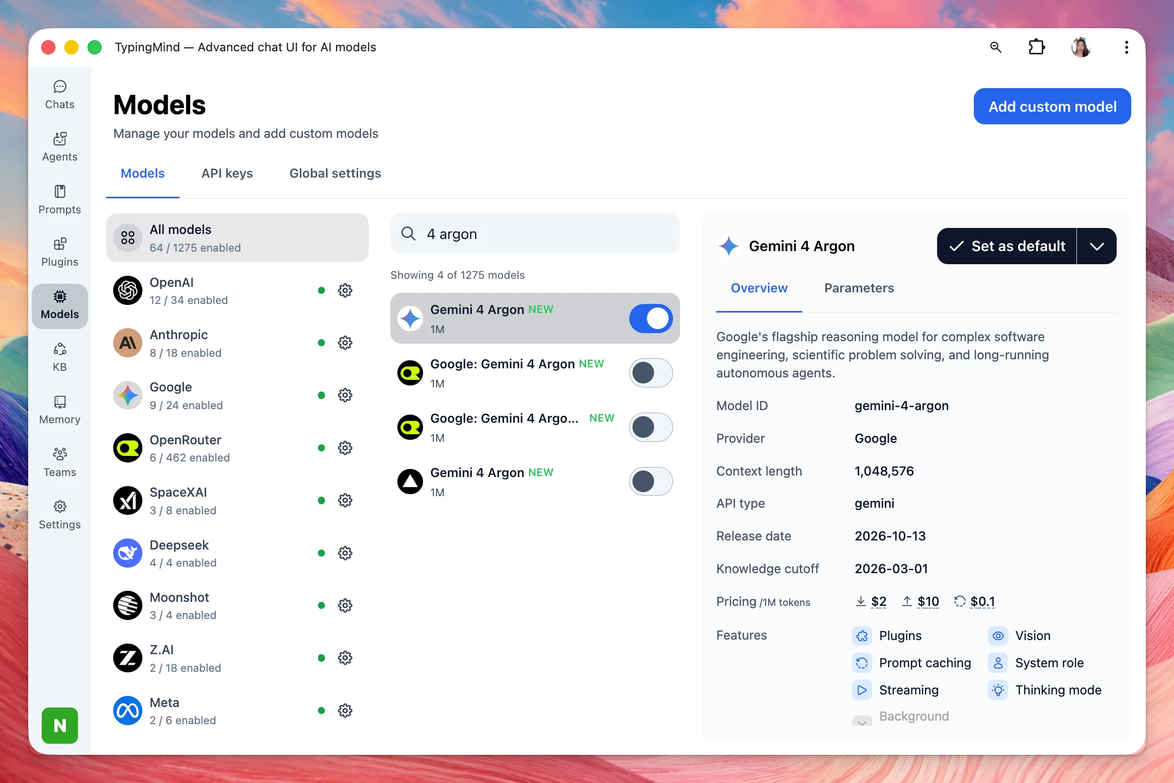 Gemini 4 Argon model details in TypingMind, enabled, with Google as the provider and a 1,048,576 token context window