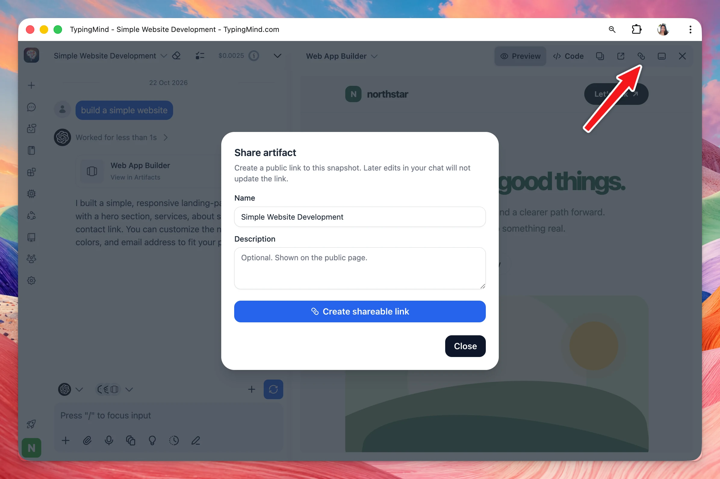 Share artifact dialog on a Web App Builder page, with an arrow pointing to the share button in the toolbar