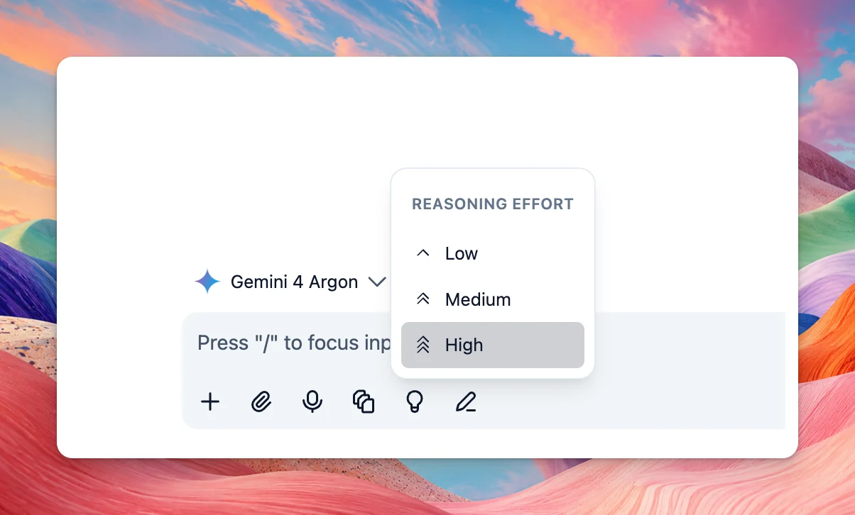Reasoning effort menu for Gemini 4 Argon, with Low, Medium, and High