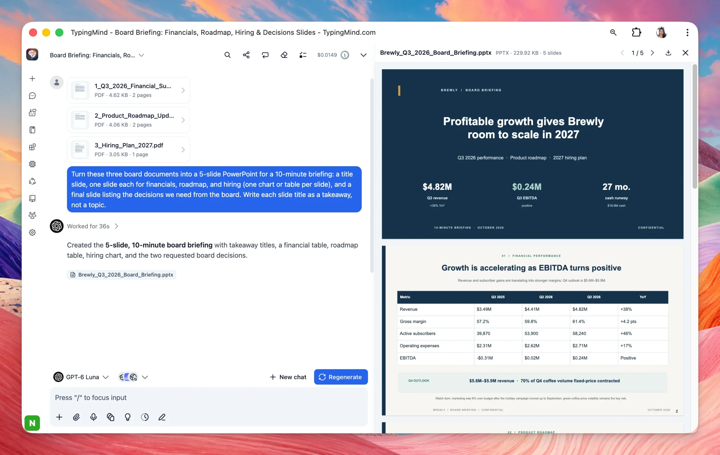 A chat that turned three board PDFs into a PowerPoint briefing, with the slides previewed beside the chat