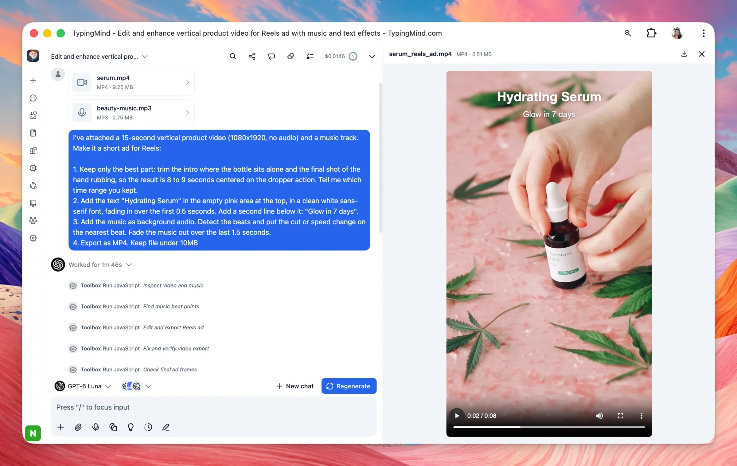 A chat that trimmed a product video, added text and music, and previewed the finished Reels ad